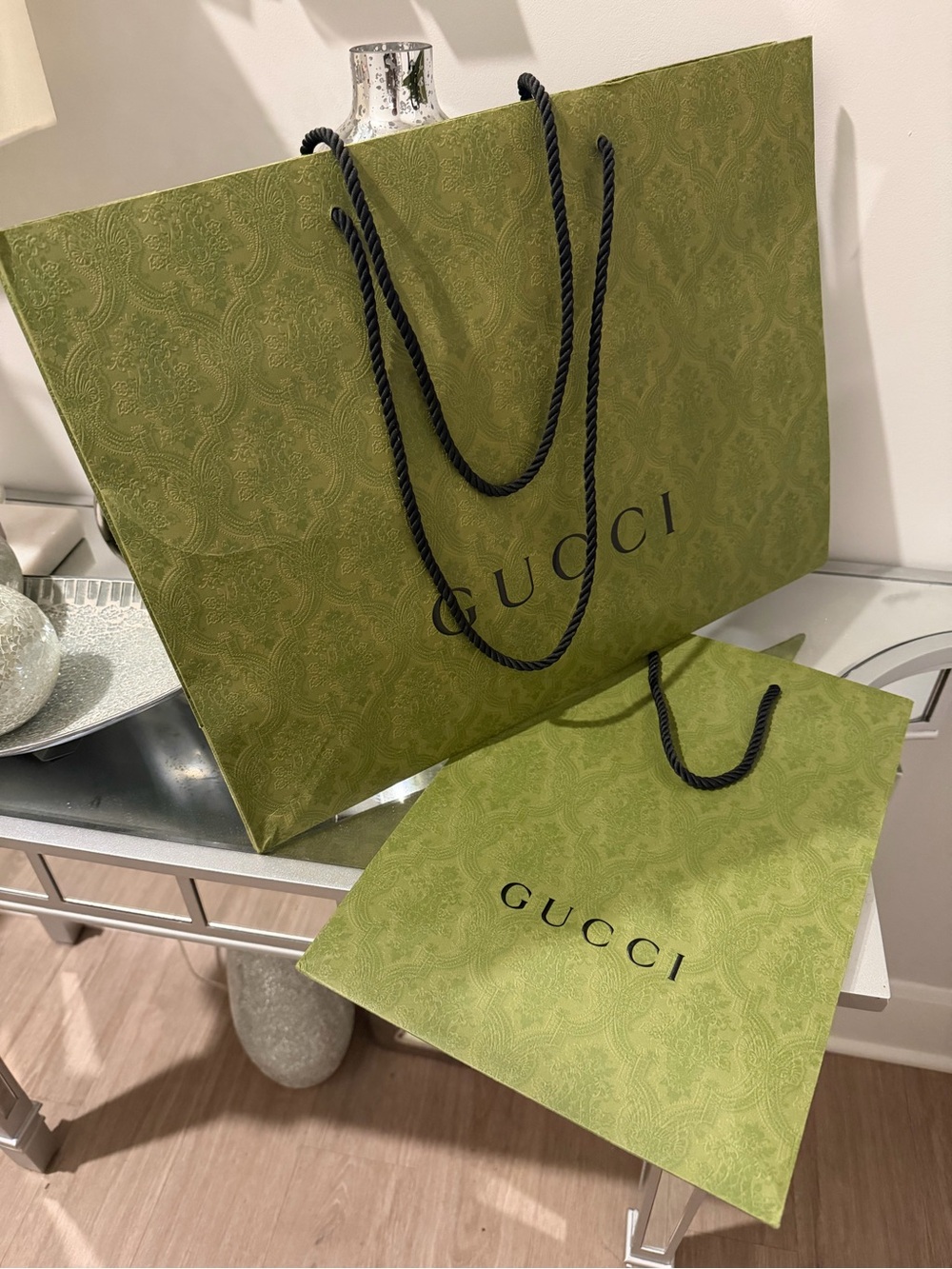Gucci Olive Green Patterned Shopping Bags with Black Rope Handles